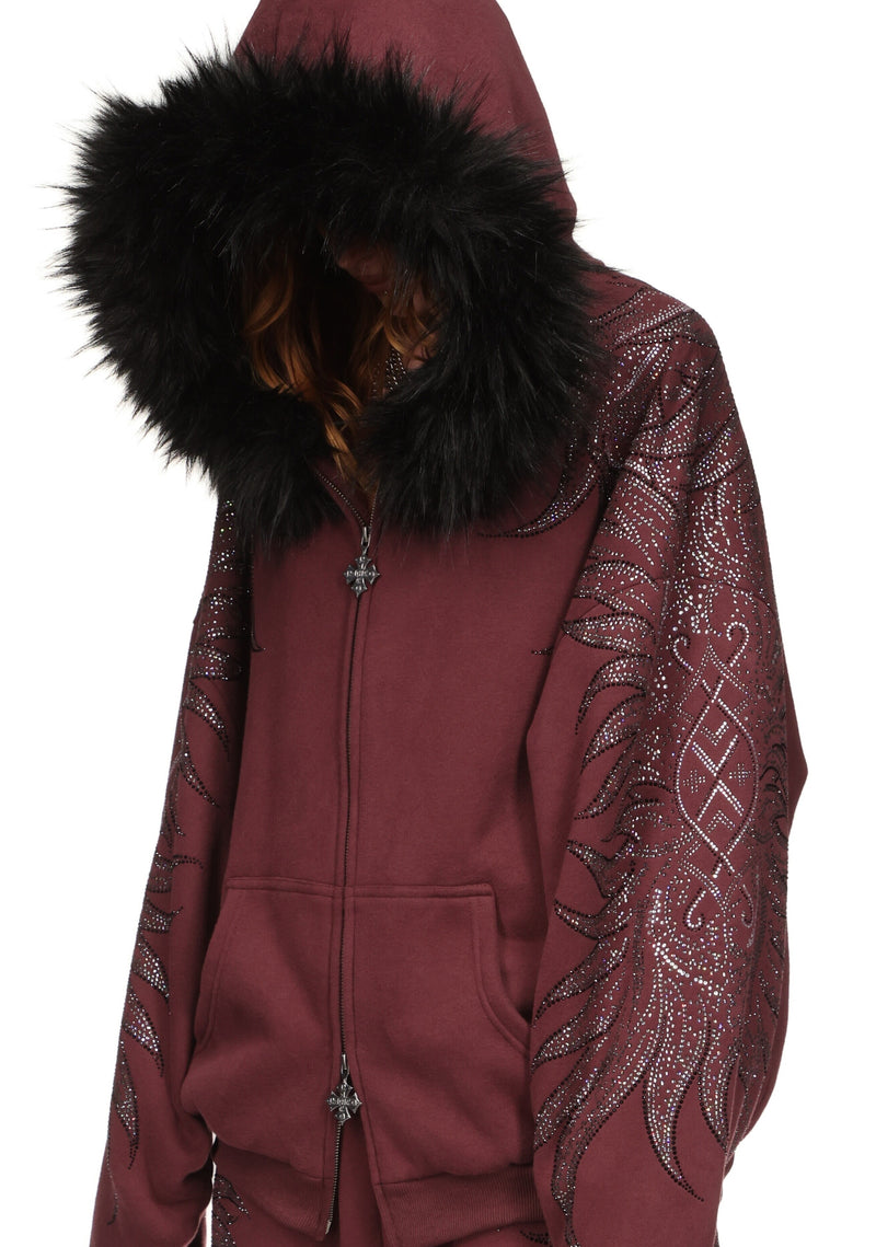 DUSK RHINESTONE ZIP HOODIE DARK RED