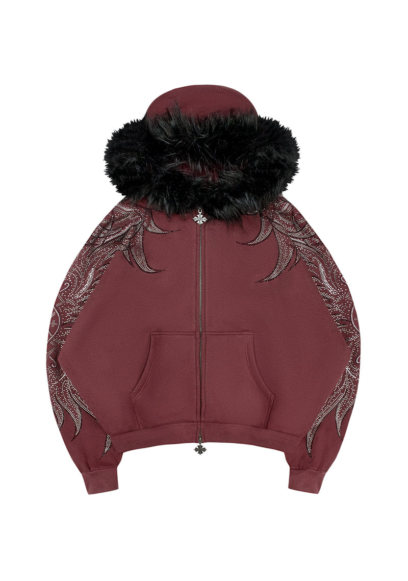 DUSK RHINESTONE ZIP HOODIE DARK RED