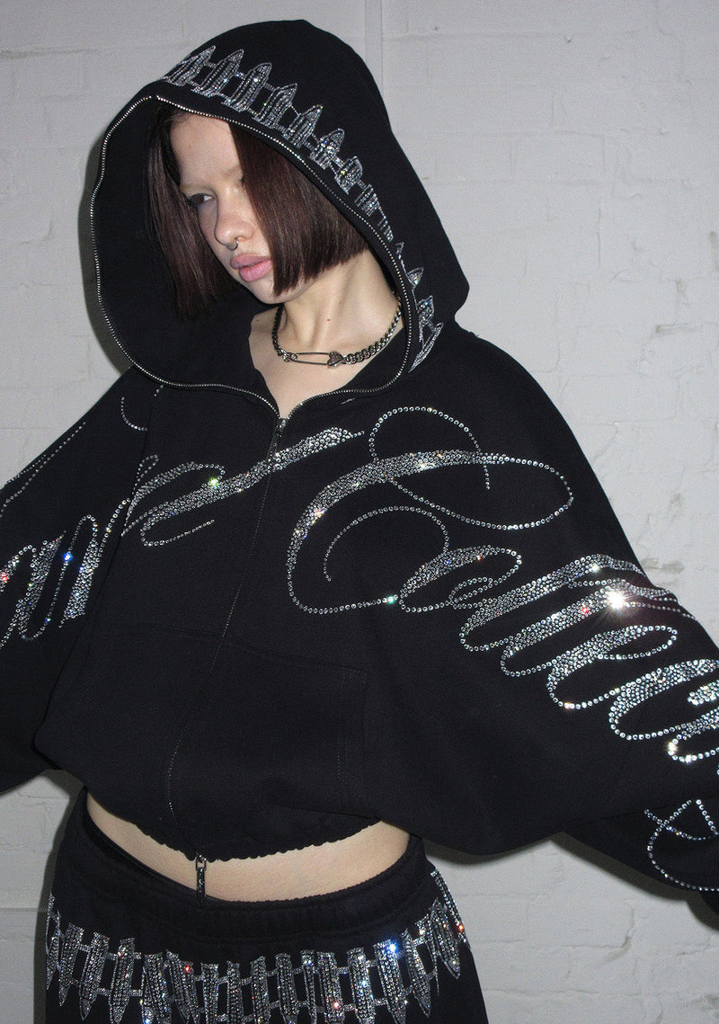 ENEMY RHINESTONE CROP ZIP HOODIE BLACK