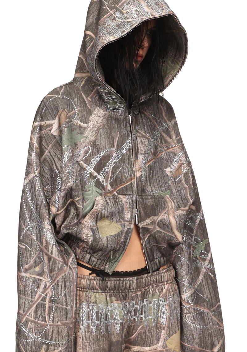 ENEMY RHINESTONE CROP ZIP HOODIE TREE CAMO