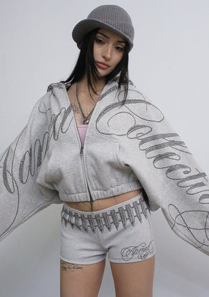 ENEMY STUDDED CROP ZIP HOODIE GREY MARL