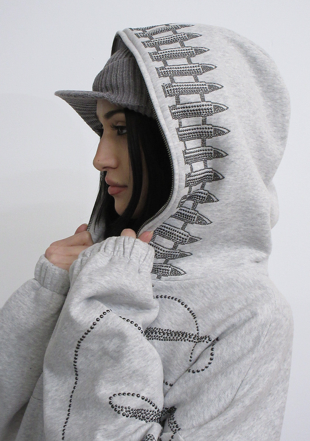 ENEMY STUDDED CROP ZIP HOODIE GREY MARL