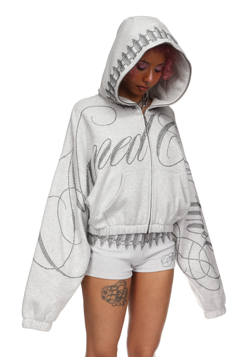 ENEMY STUDDED CROP ZIP HOODIE GREY MARL