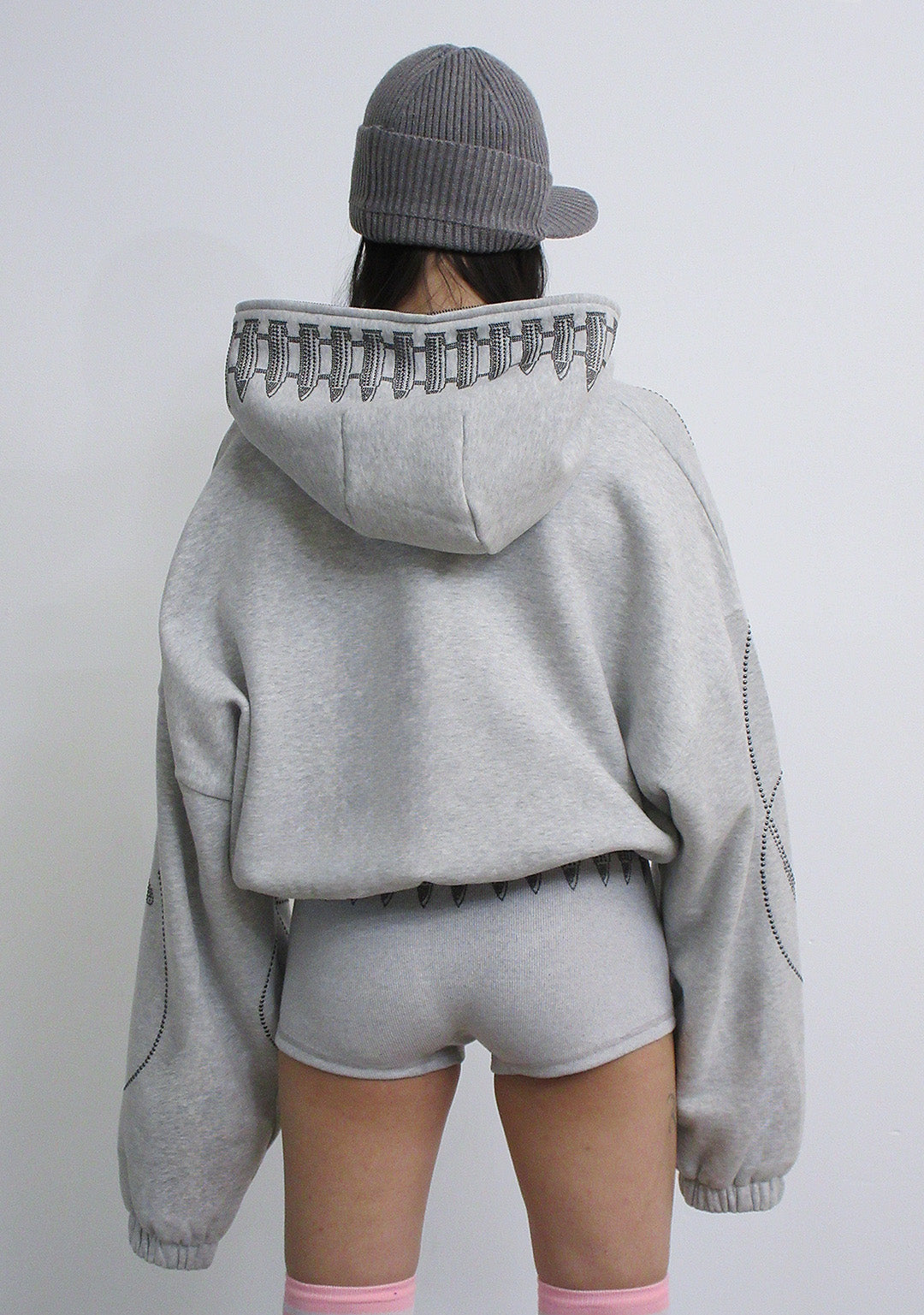 ENEMY STUDDED CROP ZIP HOODIE GREY MARL
