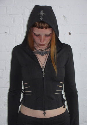 ENVY SNAKESKIN SLASHED SCULPT STRETCH ZIP HOODIE CHARCOAL