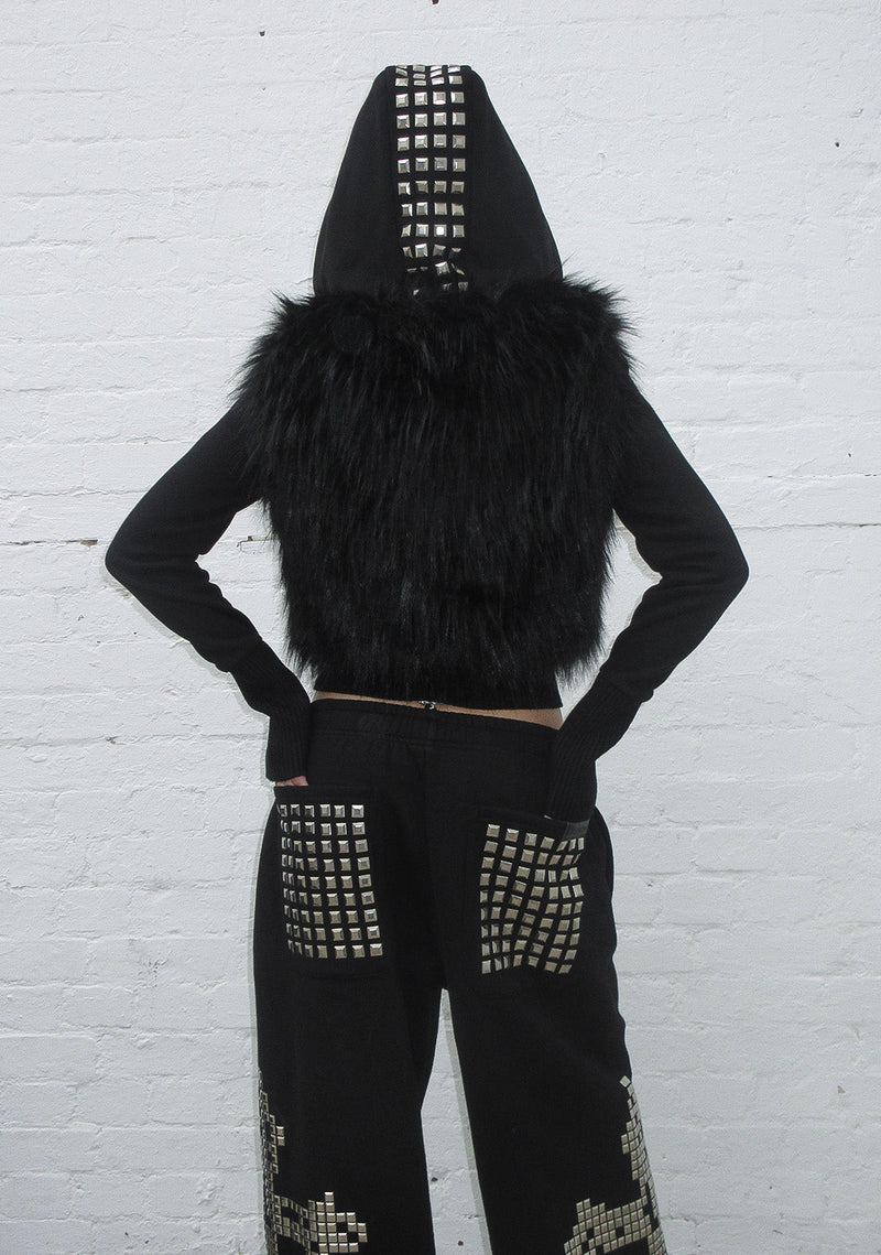 FAITHFUL FAUX FUR VEST AND FITTED ZIP HOODIE TWO PIECE SET BLACK