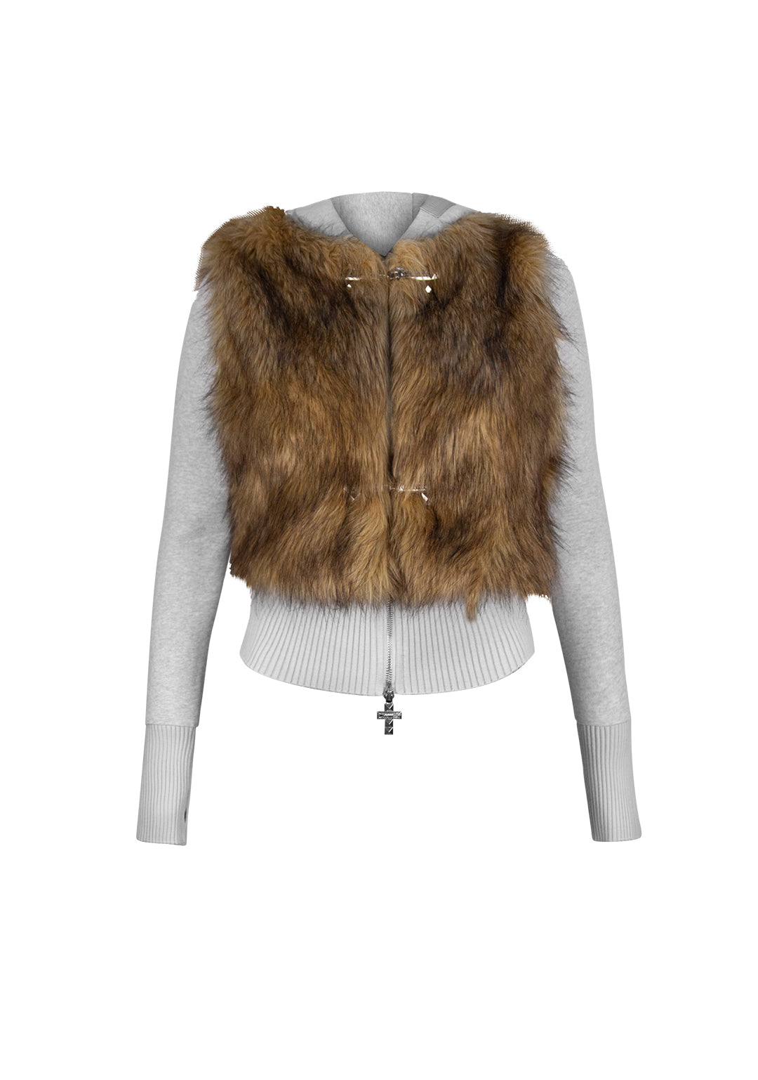 Faithful Faux Fur Vest And Fitted Zip Hoodie Two Piece Set Grey
