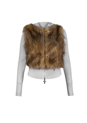 FAITHFUL FAUX FUR VEST AND FITTED ZIP HOODIE TWO PIECE SET GREY MARL