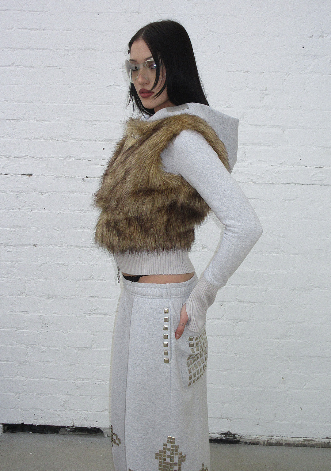 Faithful Faux Fur Vest And Fitted Zip Hoodie Two Piece Set Grey