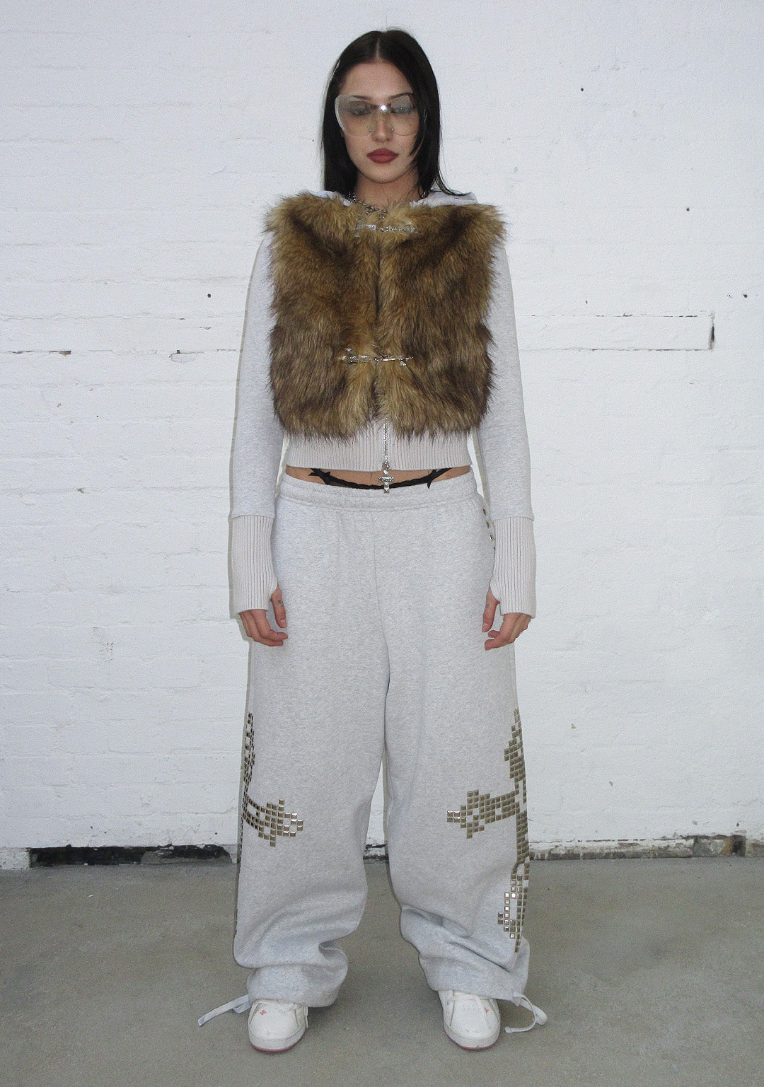 Faithful Faux Fur Vest And Fitted Zip Hoodie Two Piece Set Grey