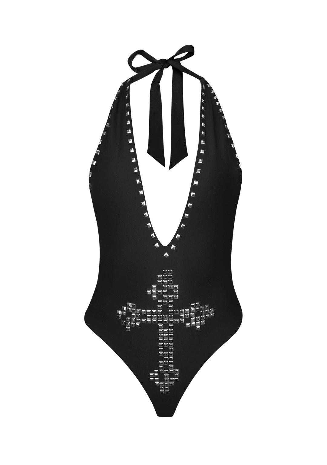 FAITHFUL STUDDED BACKLESS HALTERNECK SWIMSUIT BLACK
