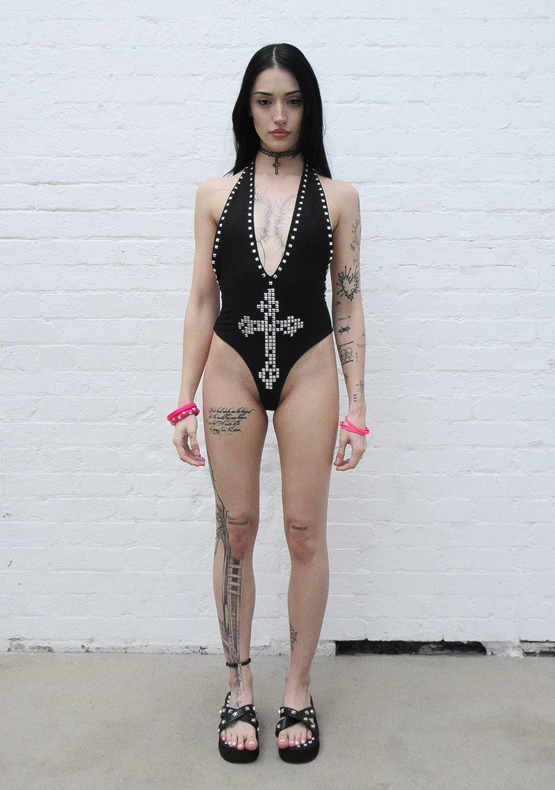 FAITHFUL STUDDED BACKLESS HALTERNECK SWIMSUIT BLACK
