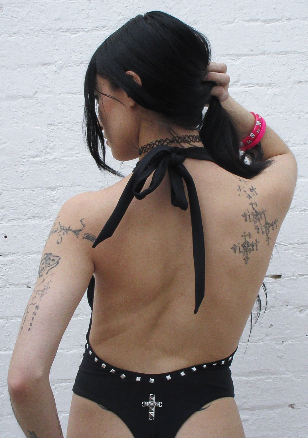 FAITHFUL STUDDED BACKLESS HALTERNECK SWIMSUIT BLACK