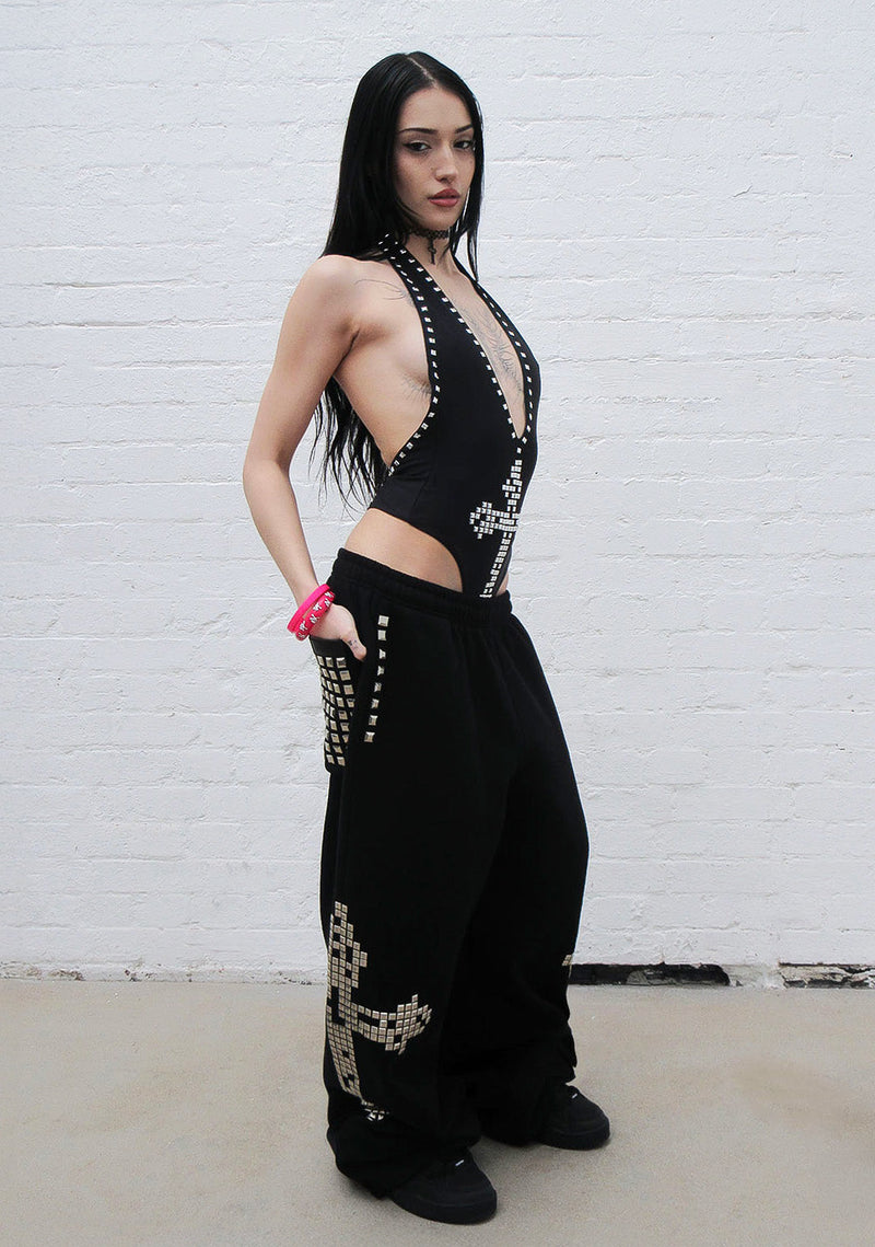 FAITHFUL STUDDED BACKLESS HALTERNECK SWIMSUIT BLACK