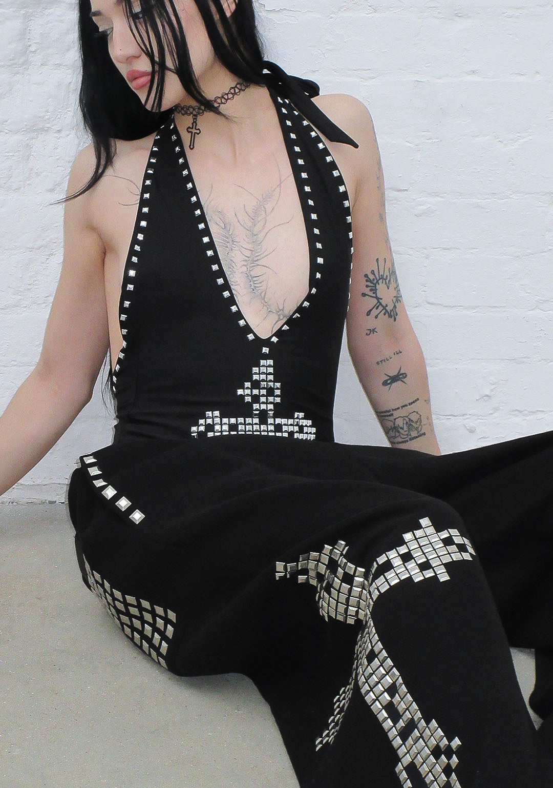 FAITHFUL STUDDED BACKLESS HALTERNECK SWIMSUIT BLACK