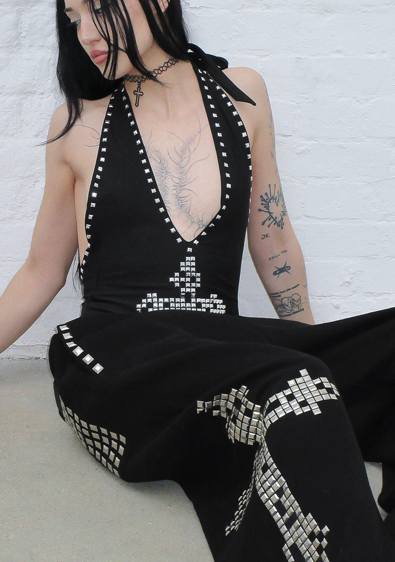 FAITHFUL STUDDED BACKLESS HALTERNECK SWIMSUIT BLACK