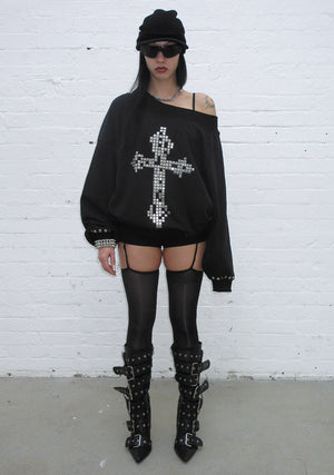 FAITHFUL STUDDED OFF THE SHOULDER SWEATER BLACK