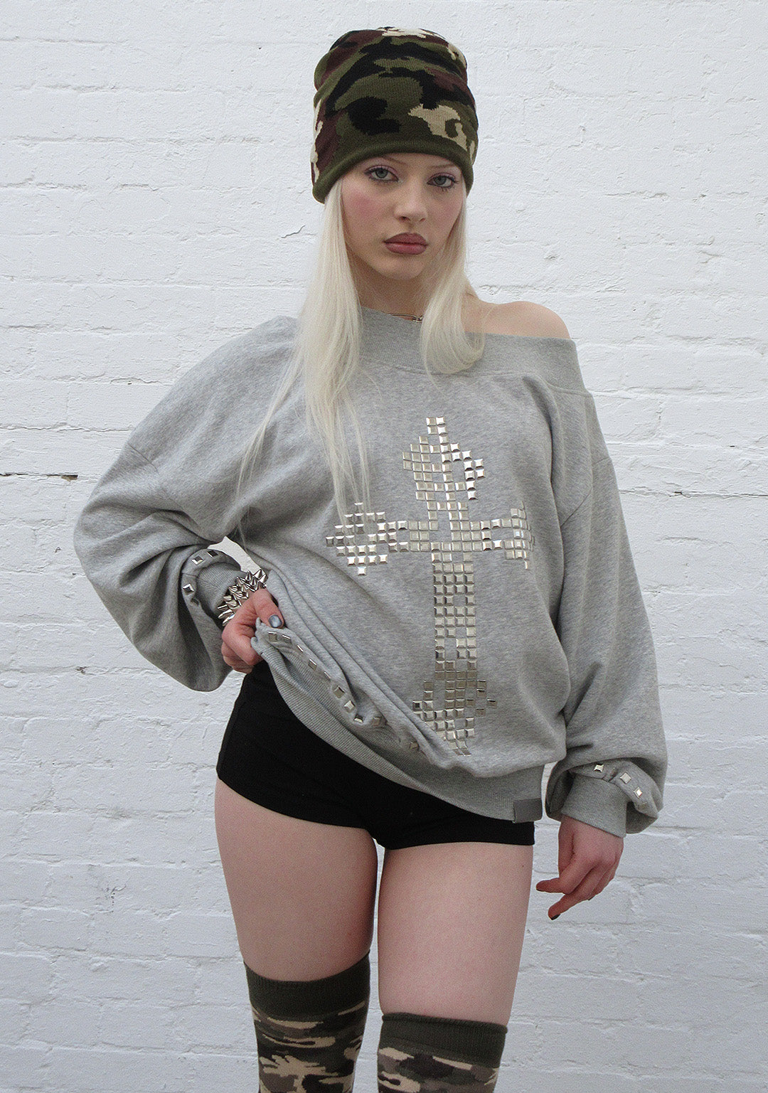 FAITHFUL STUDDED OFF THE SHOULDER SWEATER GREY MARL
