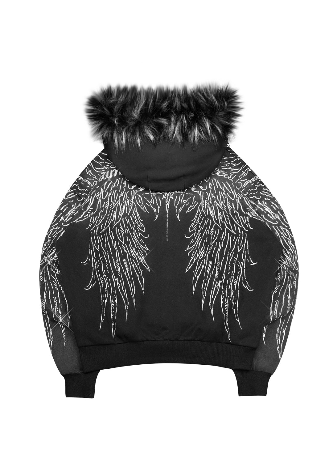 FALLEN FAUX FUR RHINESTONE ZIP HOODIE WASHED BLACK (DETACHABLE FUR)