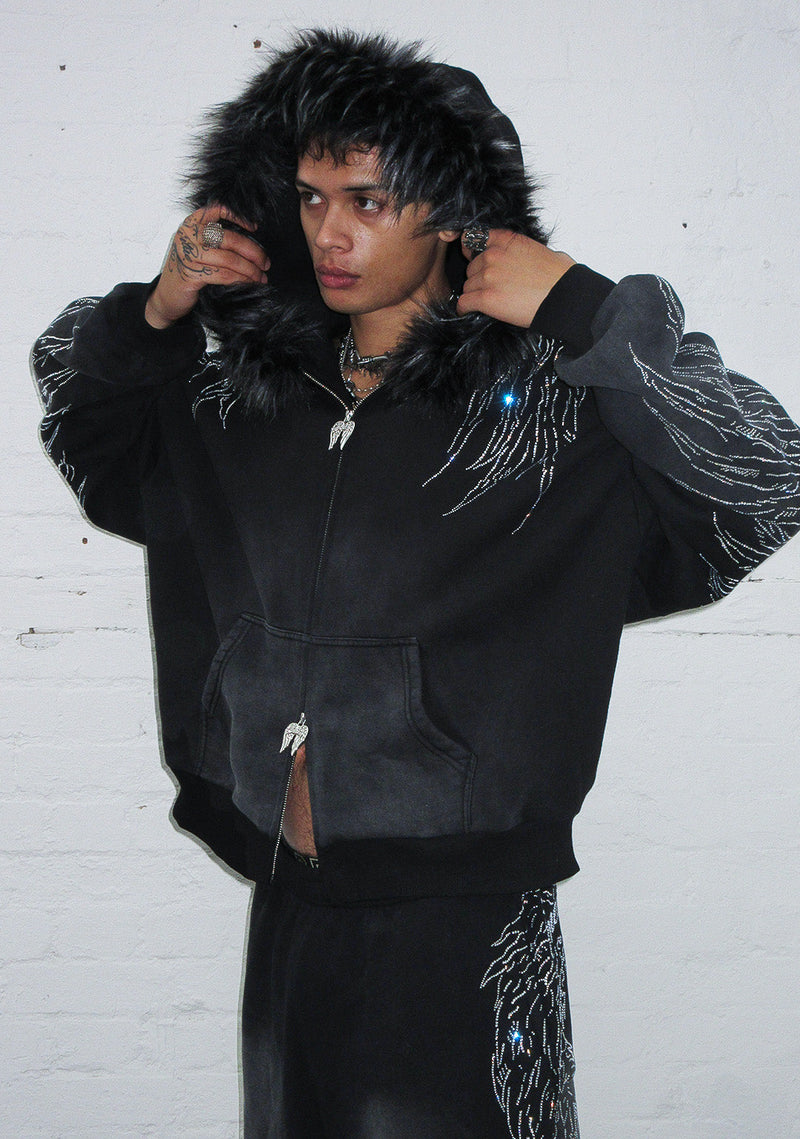 FALLEN FAUX FUR RHINESTONE ZIP HOODIE WASHED BLACK (DETACHABLE FUR)