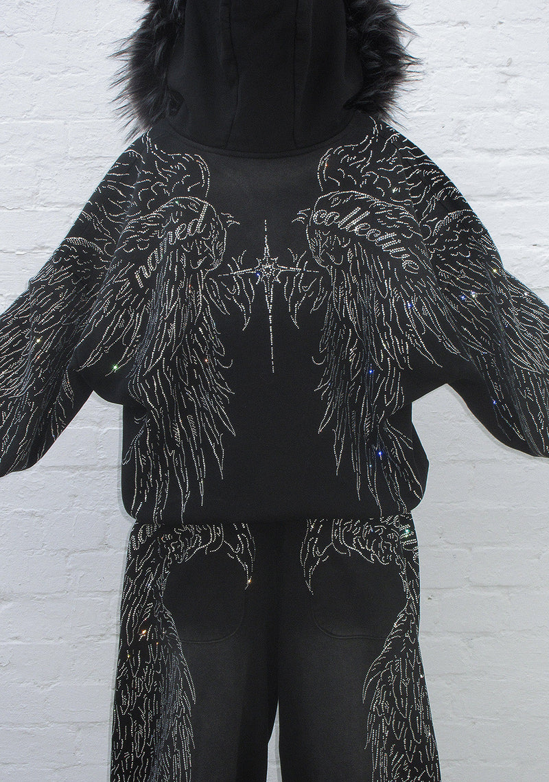 FALLEN FAUX FUR RHINESTONE ZIP HOODIE WASHED BLACK (DETACHABLE FUR)