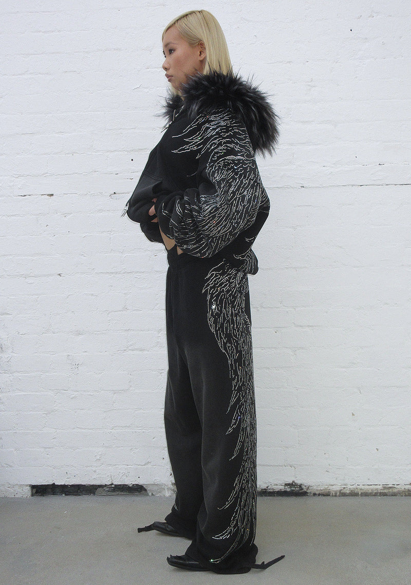 FALLEN FAUX FUR RHINESTONE ZIP HOODIE WASHED BLACK (DETACHABLE FUR)