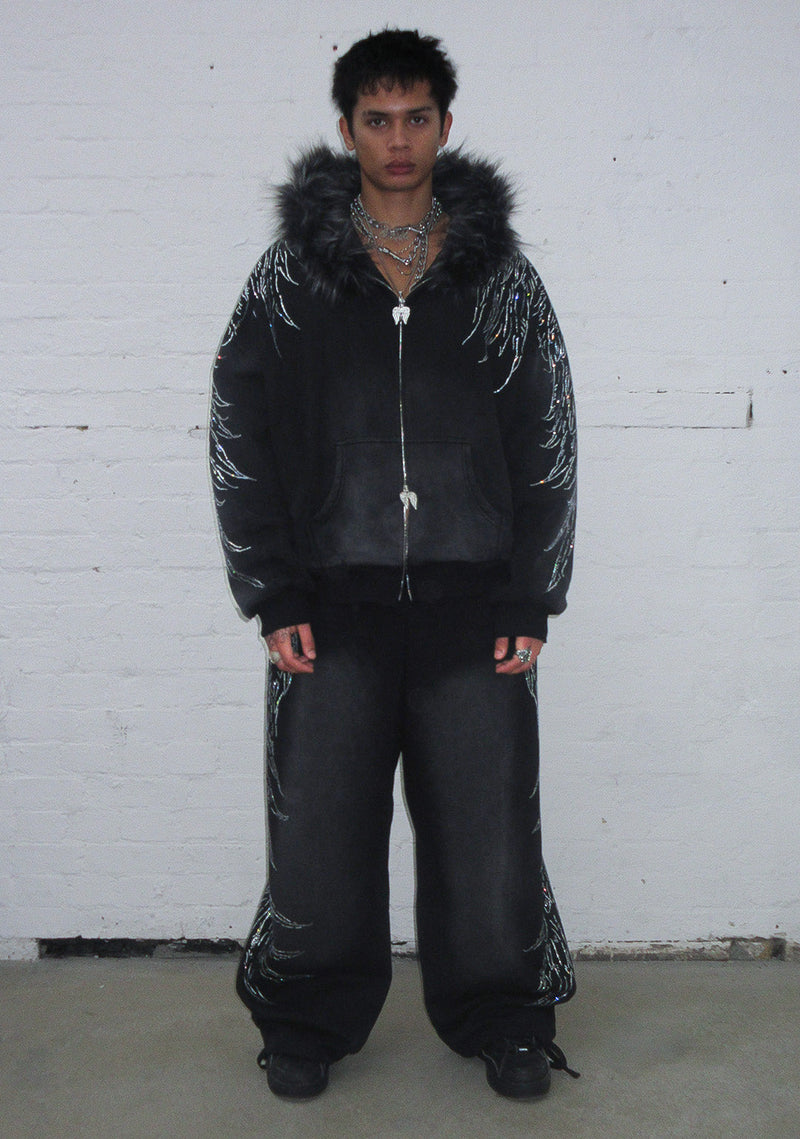 FALLEN FAUX FUR RHINESTONE ZIP HOODIE WASHED BLACK (DETACHABLE FUR)