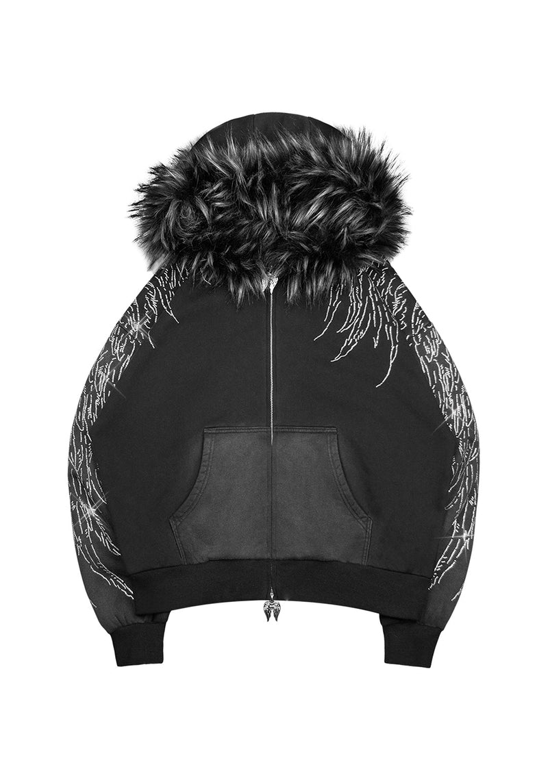 FALLEN FAUX FUR RHINESTONE ZIP HOODIE WASHED BLACK (DETACHABLE FUR)