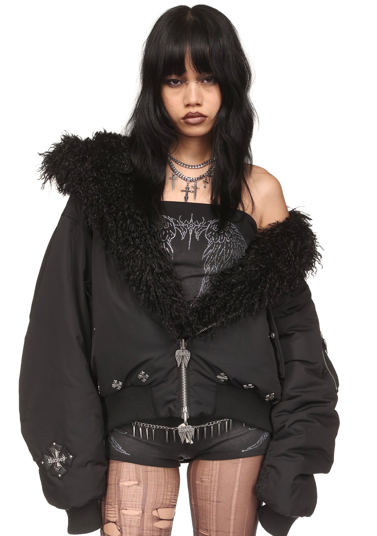FALLEN FAUX FUR REVERSIBLE BOMBER JACKET BLACK