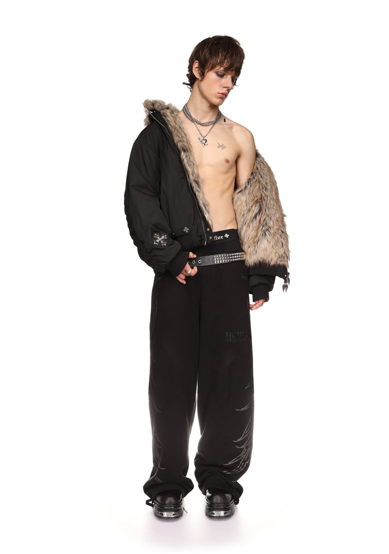 FALLEN FAUX FUR REVERSIBLE BOMBER JACKET BLACK AND NATURAL