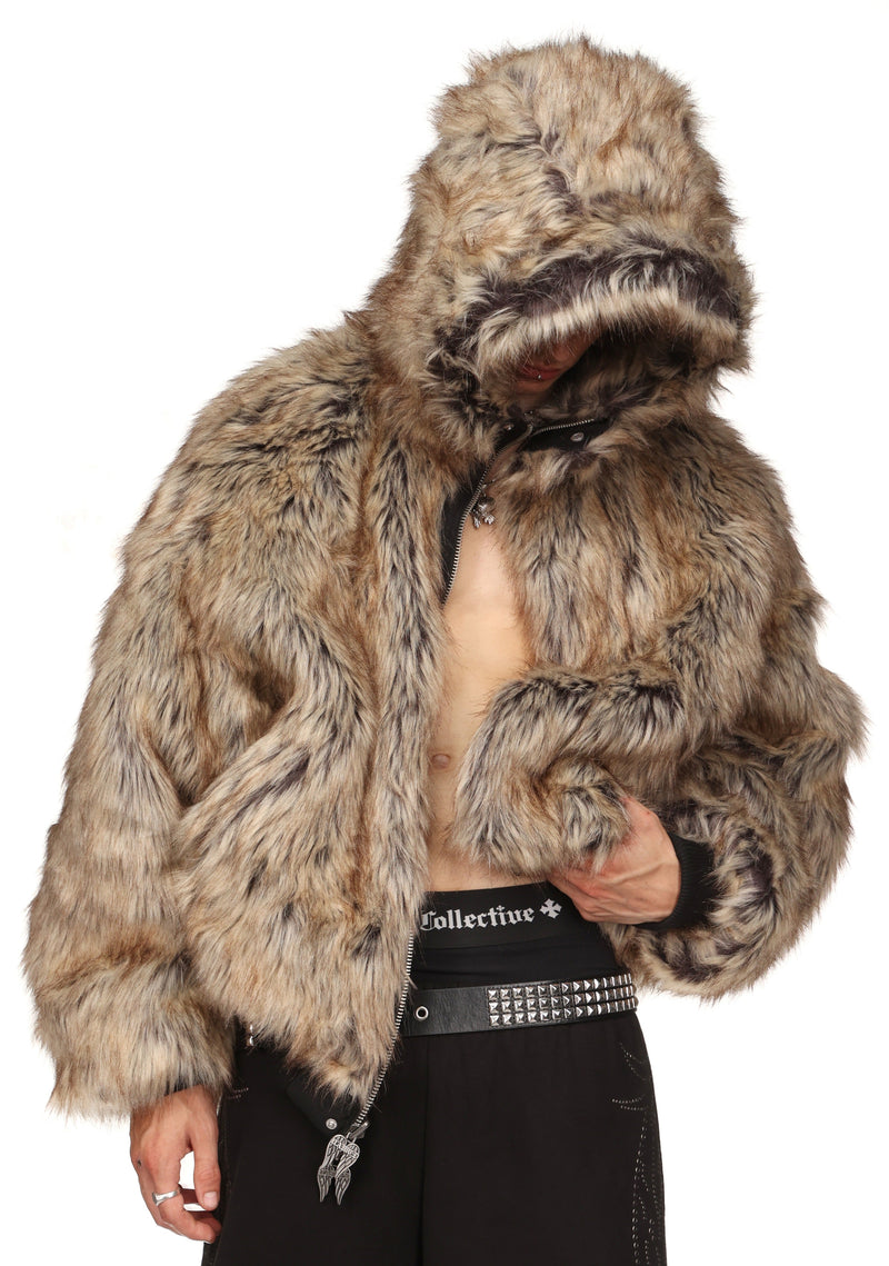 FALLEN FAUX FUR REVERSIBLE BOMBER JACKET BLACK AND NATURAL