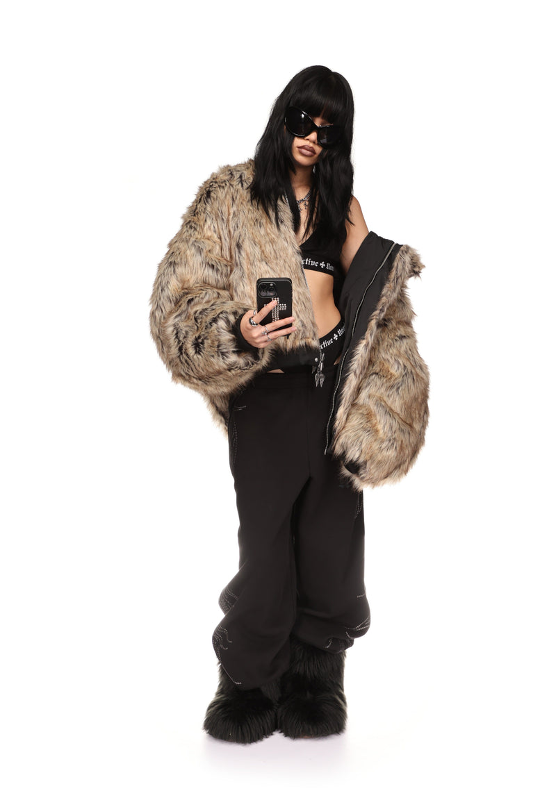 FALLEN FAUX FUR REVERSIBLE BOMBER JACKET BLACK AND NATURAL