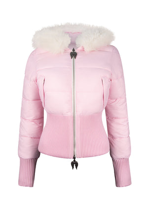FALLEN FAUX FUR REVERSIBLE RIB PUFFER JACKET BABY PINK AND WHITE