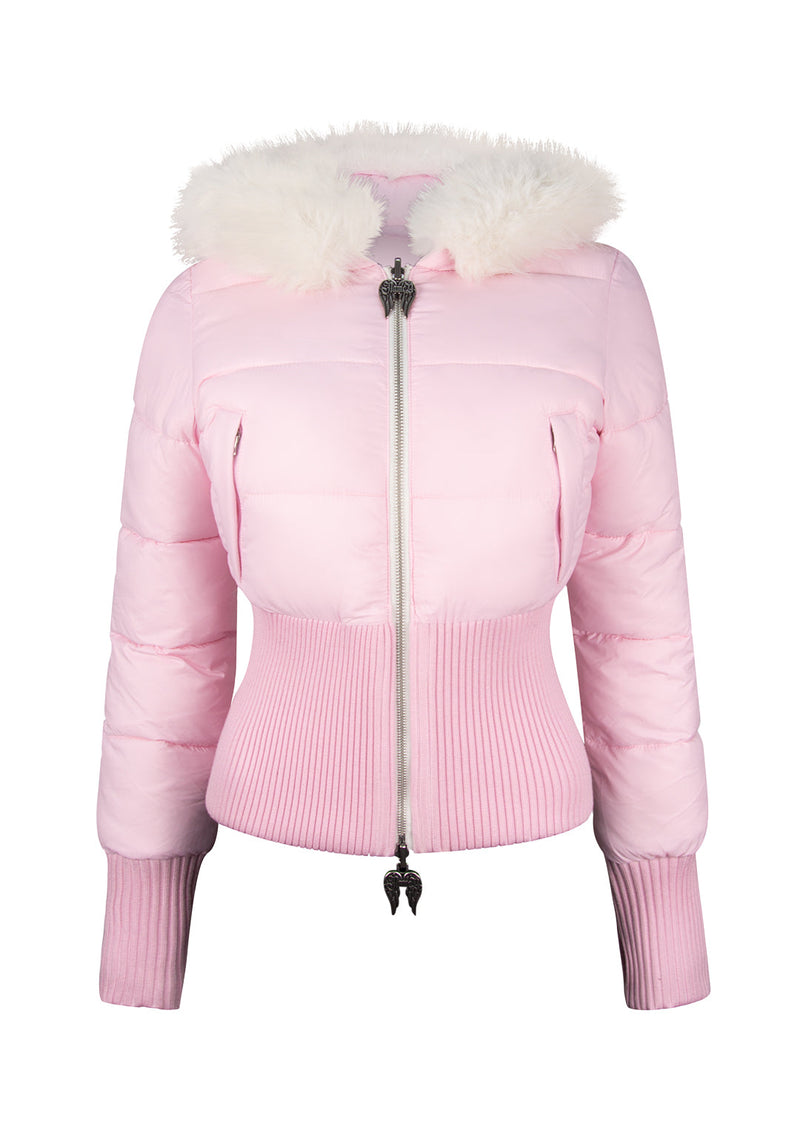 FALLEN FAUX FUR REVERSIBLE RIB PUFFER JACKET BABY PINK AND WHITE