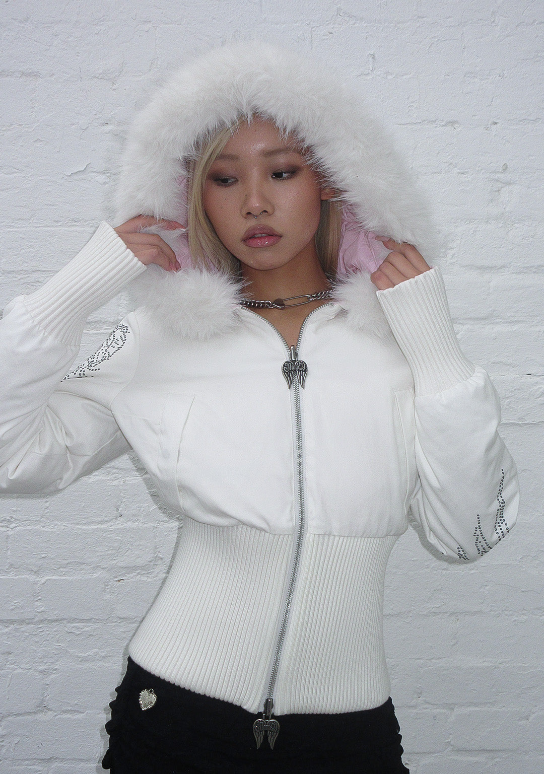 Fallen Faux Fur Reversible Rib Puffer Jacket Baby Pink And White