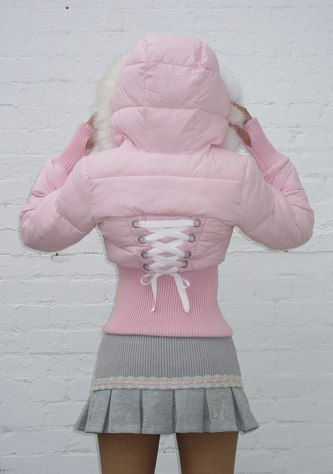 FALLEN FAUX FUR REVERSIBLE RIB PUFFER JACKET BABY PINK AND WHITE