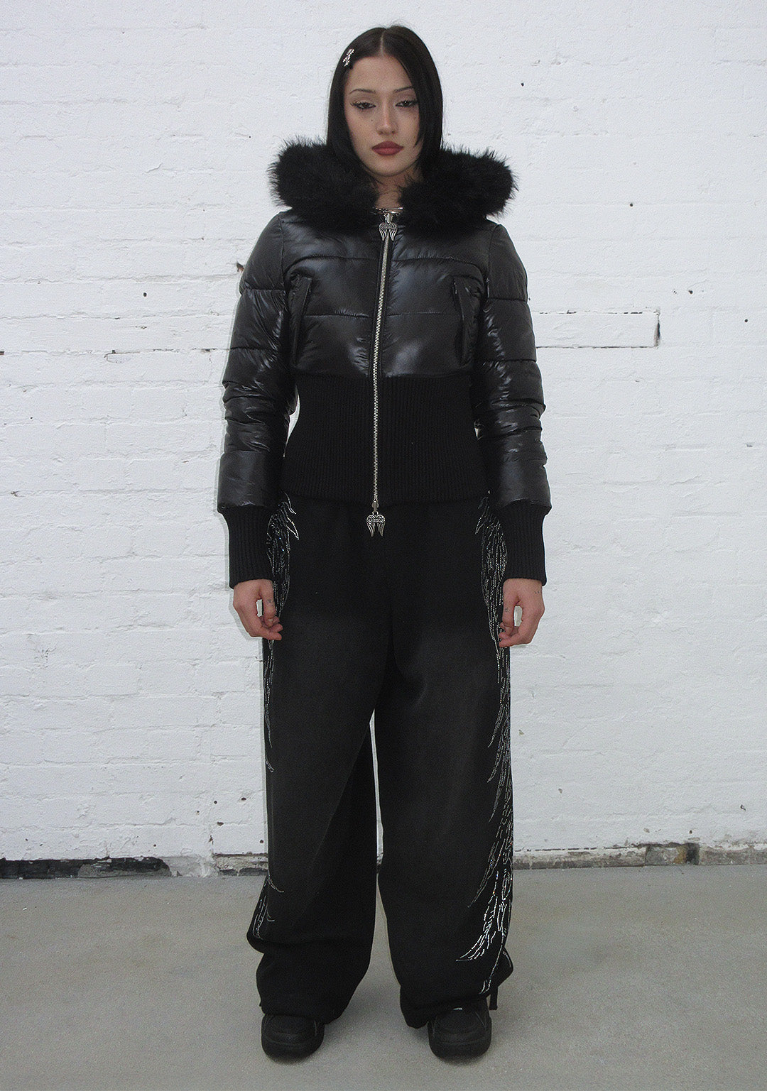 FALLEN FAUX FUR REVERSIBLE RIB PUFFER JACKET BLACK