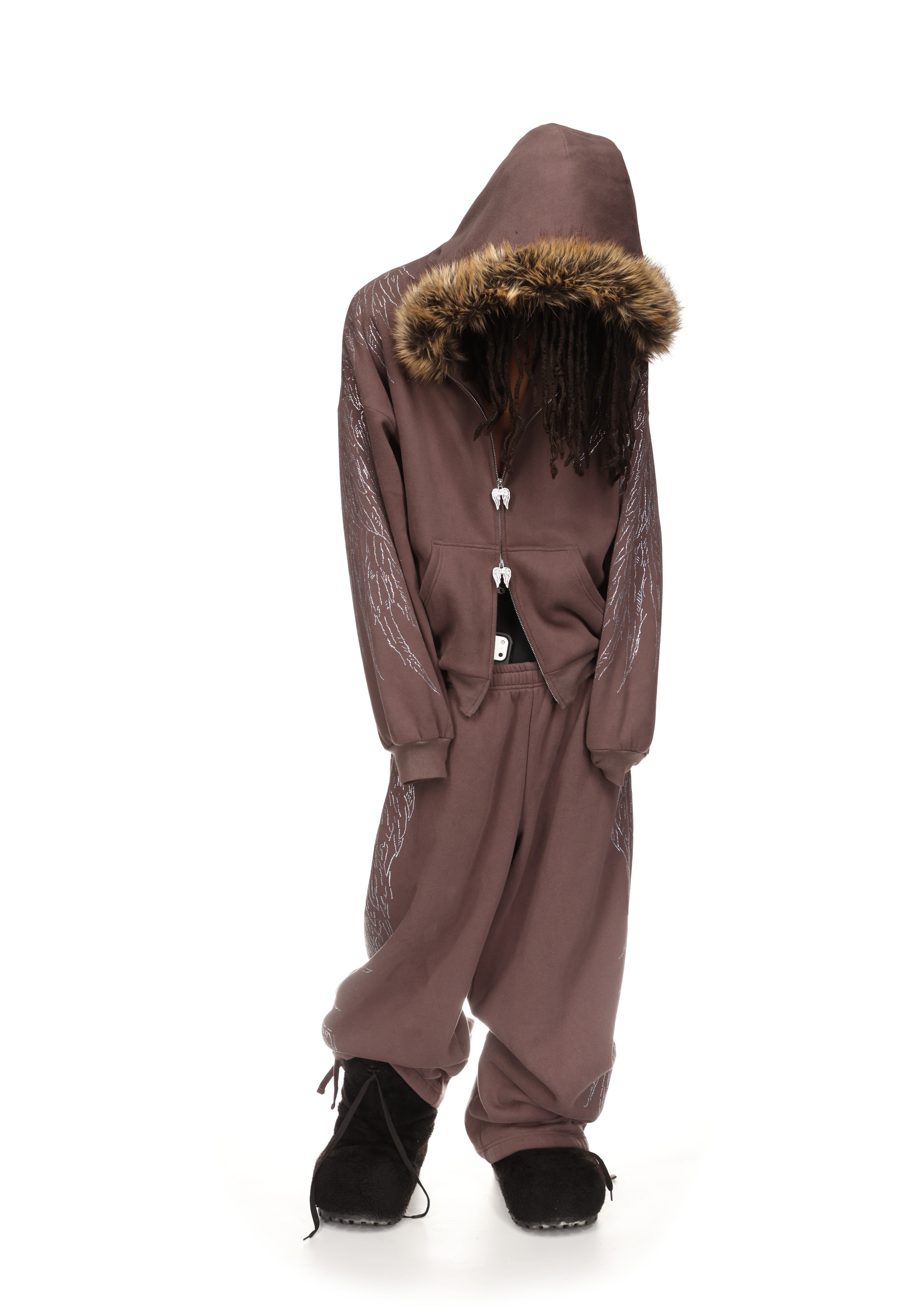 Fallen Faux Fur Rhinestone Zip Hoodie Brown Detachable Fur – NAMED