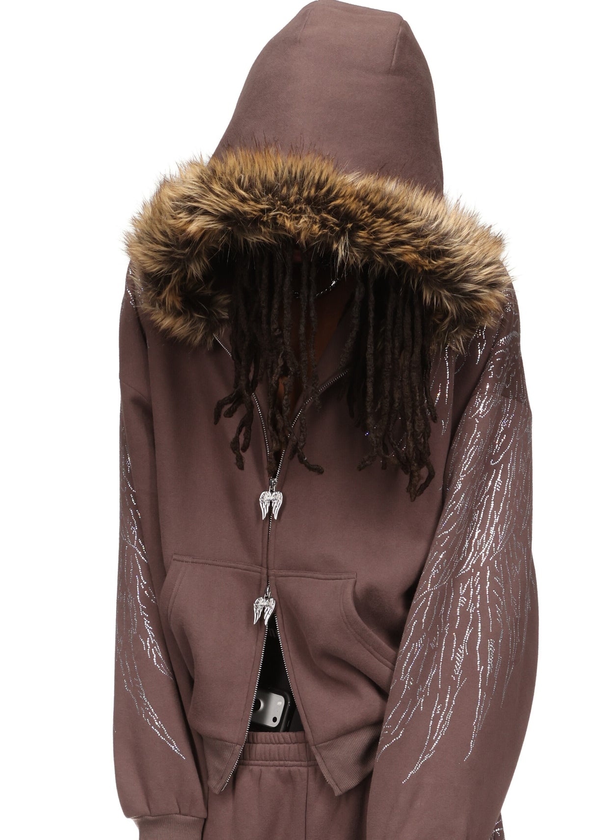 FALLEN FAUX FUR RHINESTONE ZIP HOODIE BROWN (DETACHABLE FUR)