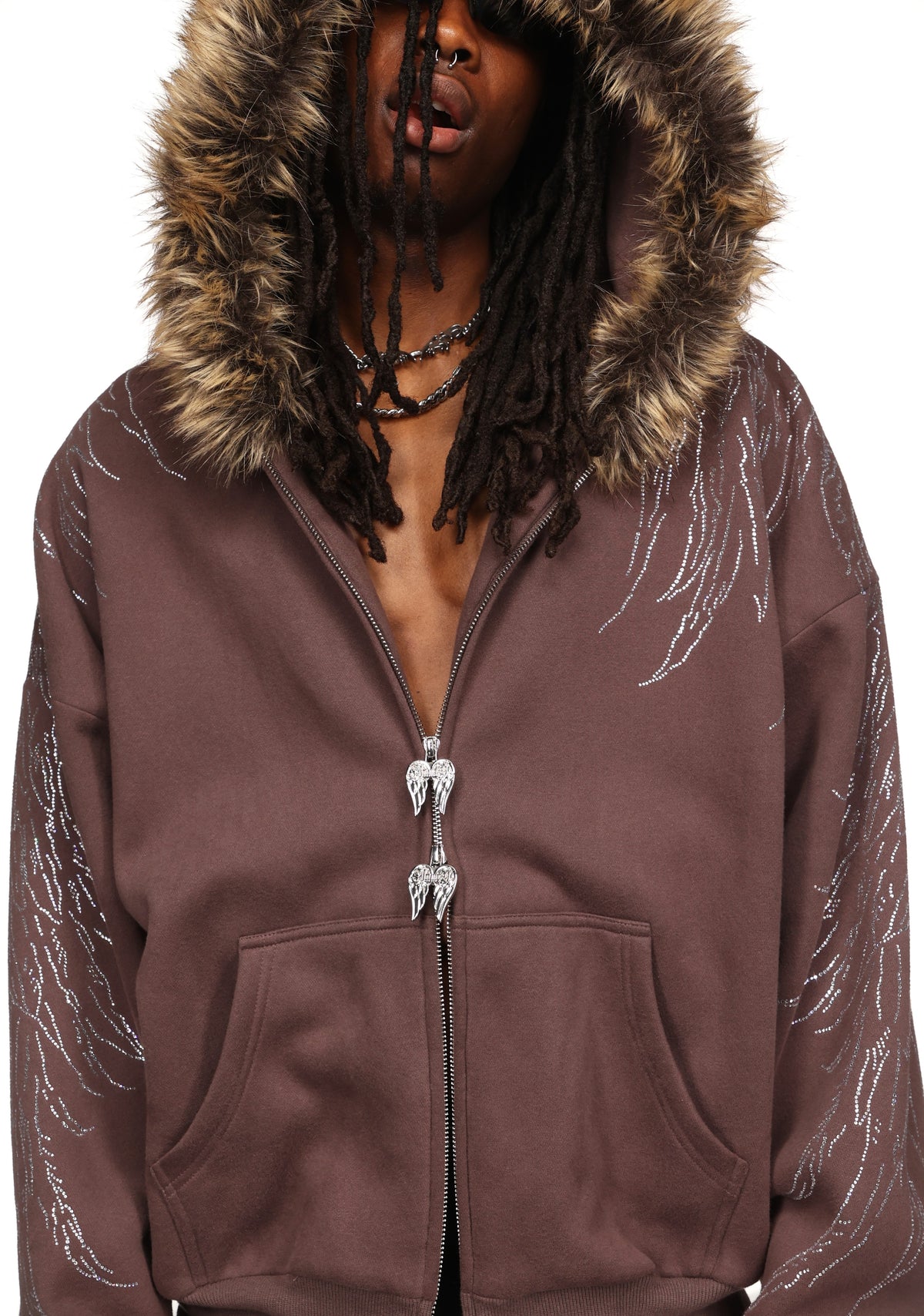 FALLEN FAUX FUR RHINESTONE ZIP HOODIE BROWN (DETACHABLE FUR)