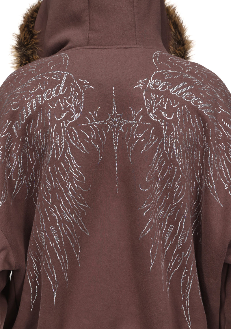 FALLEN FAUX FUR RHINESTONE ZIP HOODIE BROWN (DETACHABLE FUR)