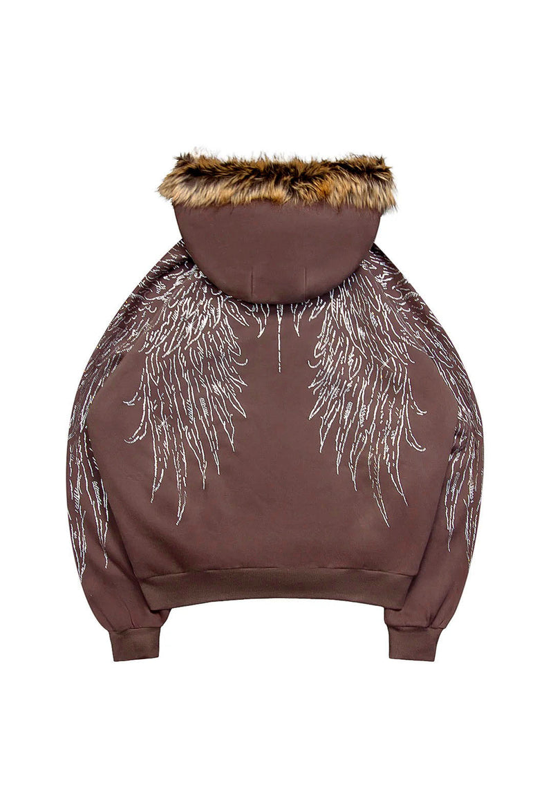FALLEN FAUX FUR RHINESTONE ZIP HOODIE BROWN (DETACHABLE FUR)