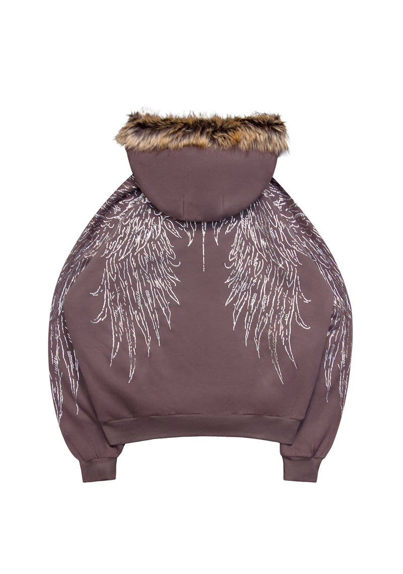 FALLEN FAUX FUR RHINESTONE ZIP HOODIE BROWN (DETACHABLE FUR)