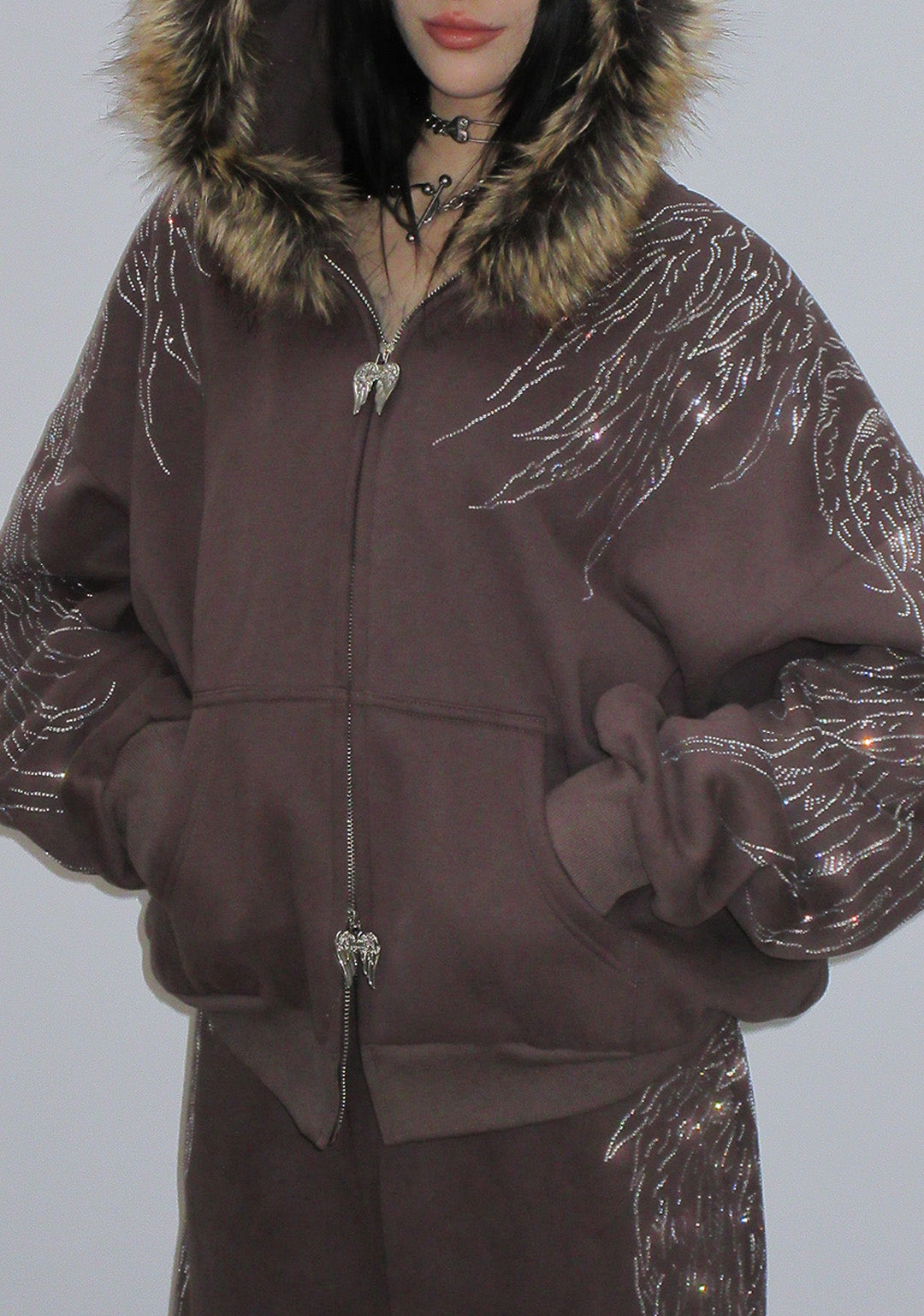 Fallen Faux Fur Rhinestone Zip Hoodie Brown Detachable Fur – NAMED