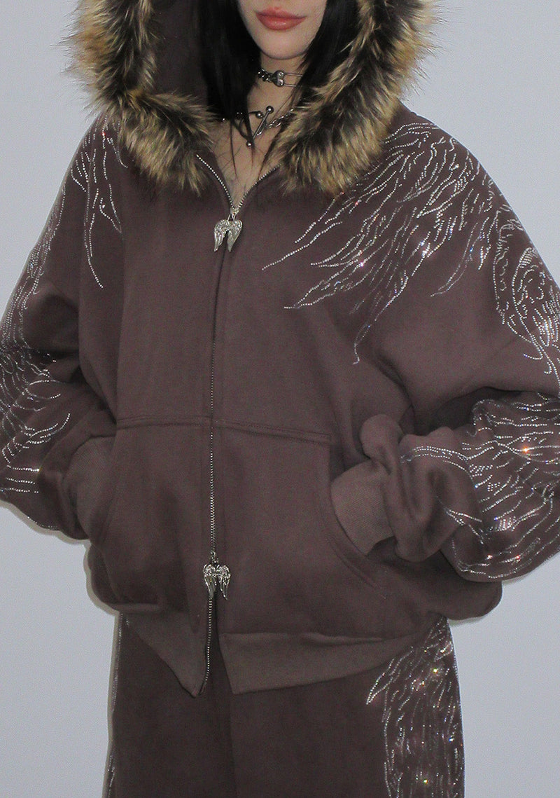 FALLEN FAUX FUR RHINESTONE ZIP HOODIE BROWN (DETACHABLE FUR)