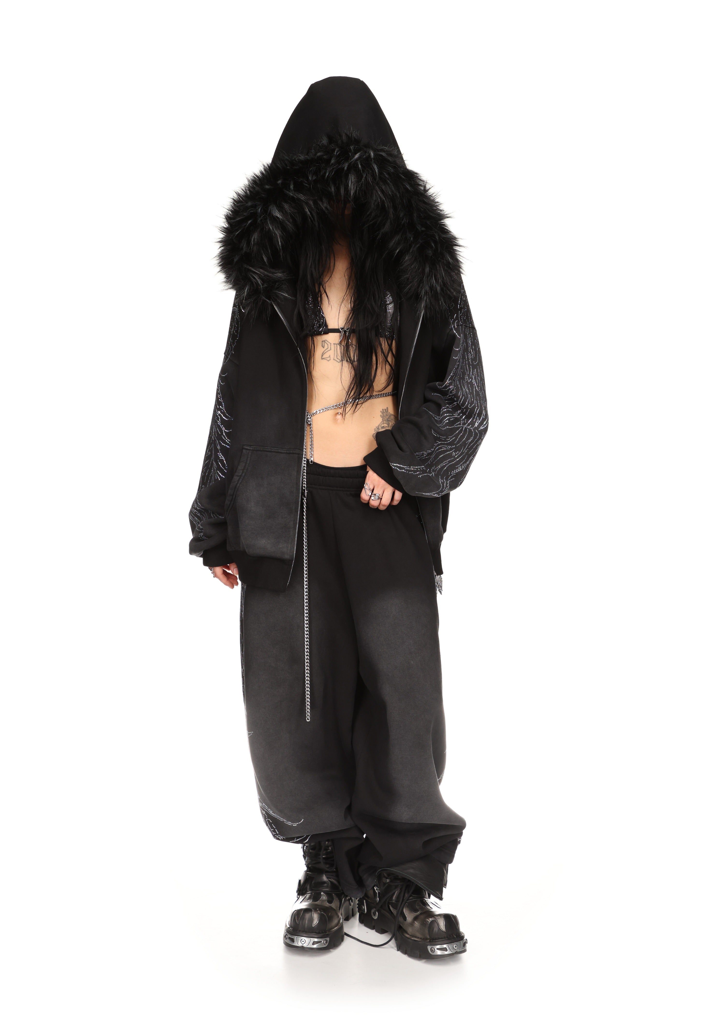Fallen Faux Fur Rhinestone Zip Hoodie Washed Black Detachable Fur