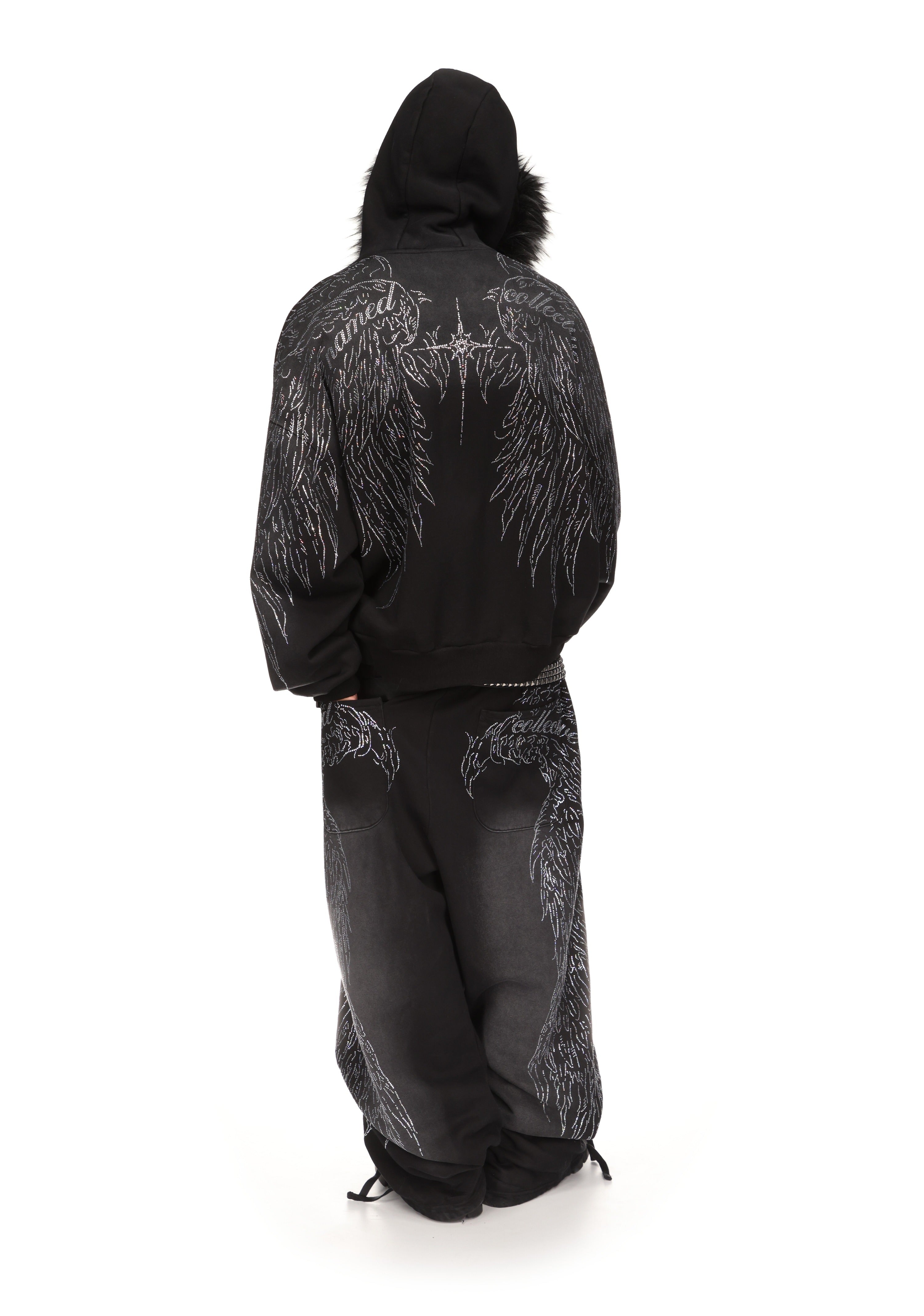 Fallen Faux Fur Rhinestone Zip Hoodie Washed Black Detachable Fur