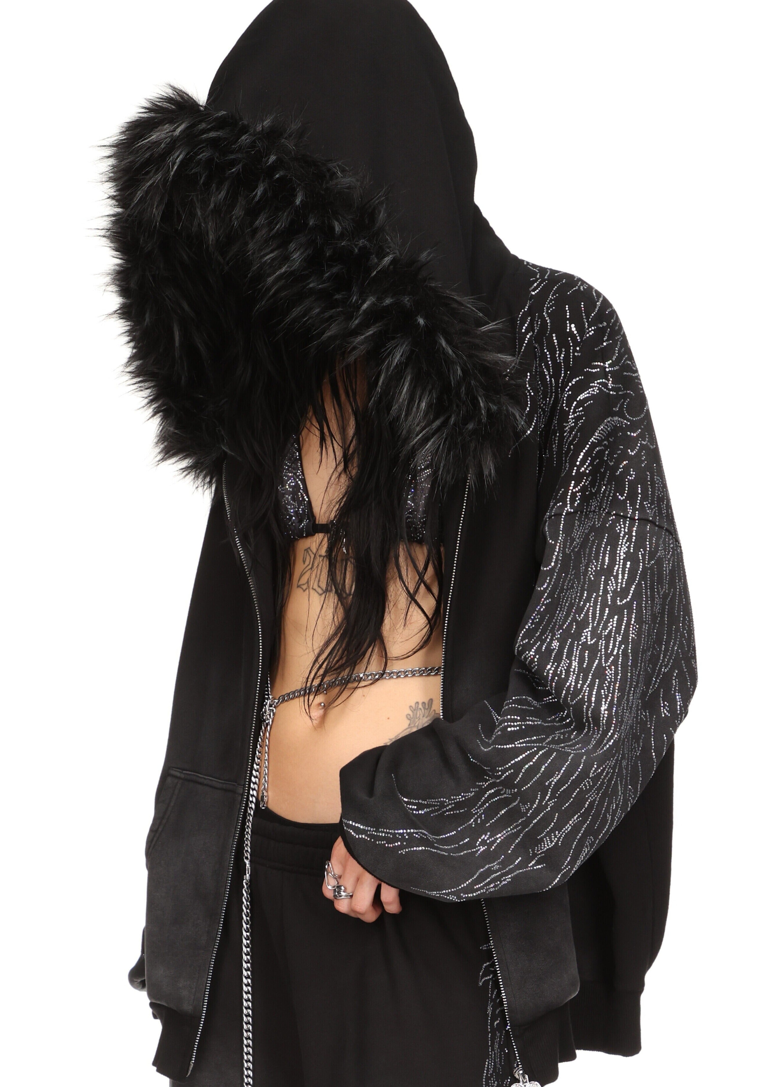 Fallen Faux Fur Rhinestone Zip Hoodie Washed Black Detachable Fur