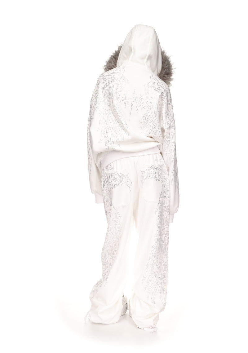 FALLEN FAUX FUR RHINESTONE ZIP HOODIE WHITE (DETACHABLE FUR)
