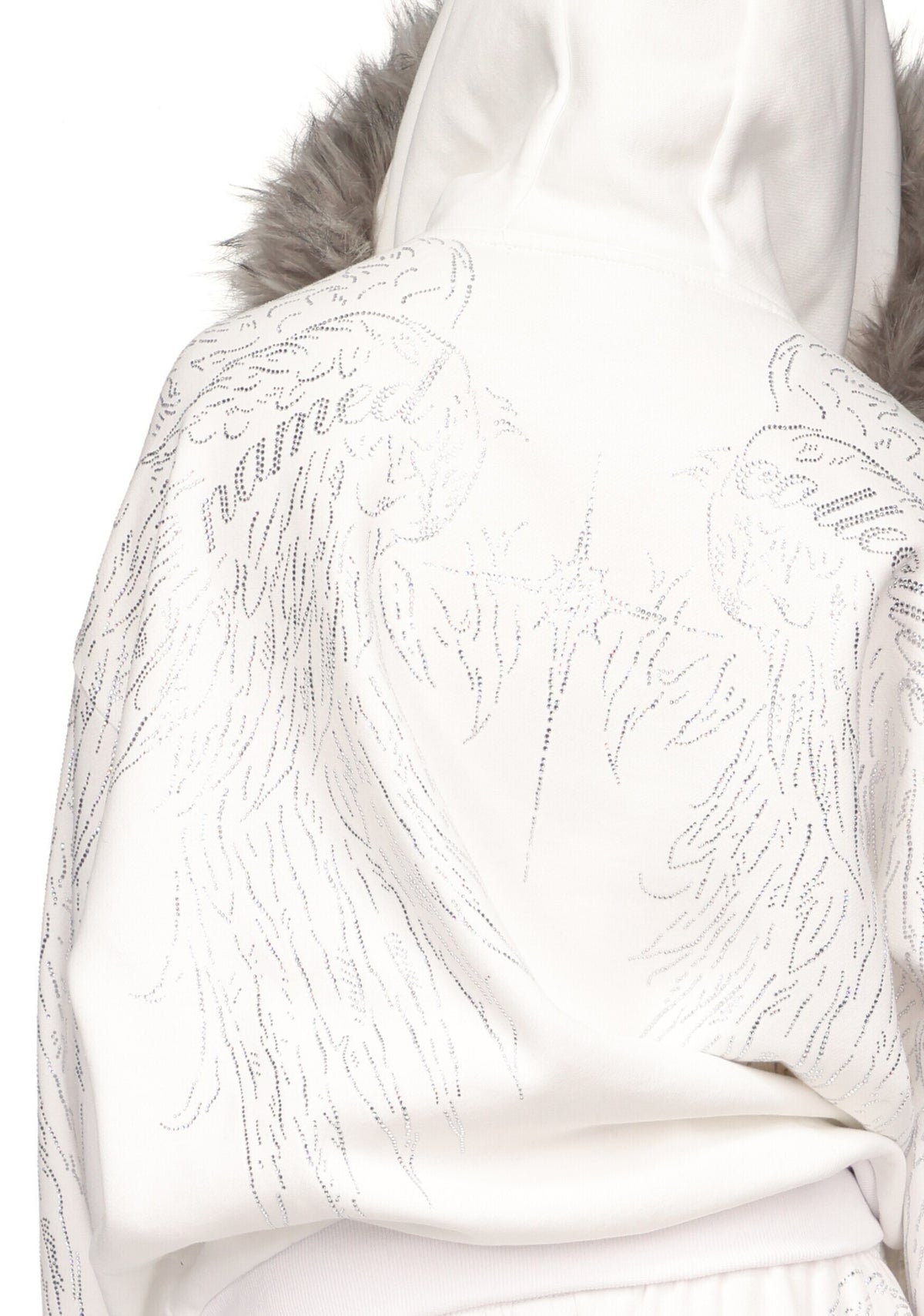 FALLEN FAUX FUR RHINESTONE ZIP HOODIE WHITE (DETACHABLE FUR)